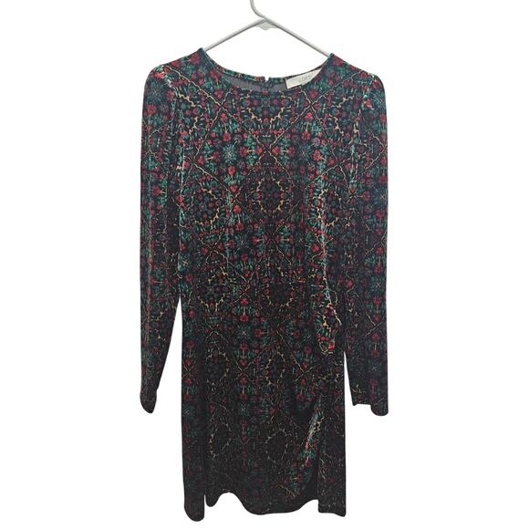 Loft Velvet Christmas Holiday Floral Holly Shift Dress Sz 10 Red Green Gold LS - Picture 1 of 6